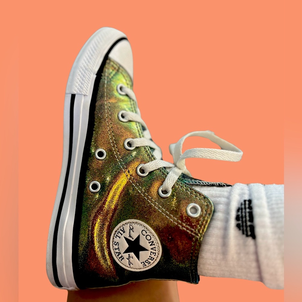 Iridescent rainbow glitter converse high top
